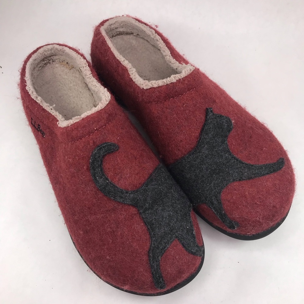 LL Bean Slippers Women’s Size 11 Red Wool Daybreak Scuff Slippers Clogs Cat